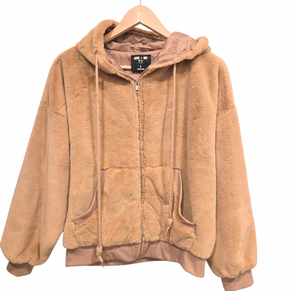Love+Joy by FCT Faux Fur Teddy Hooded Bomber Women's Jacket L